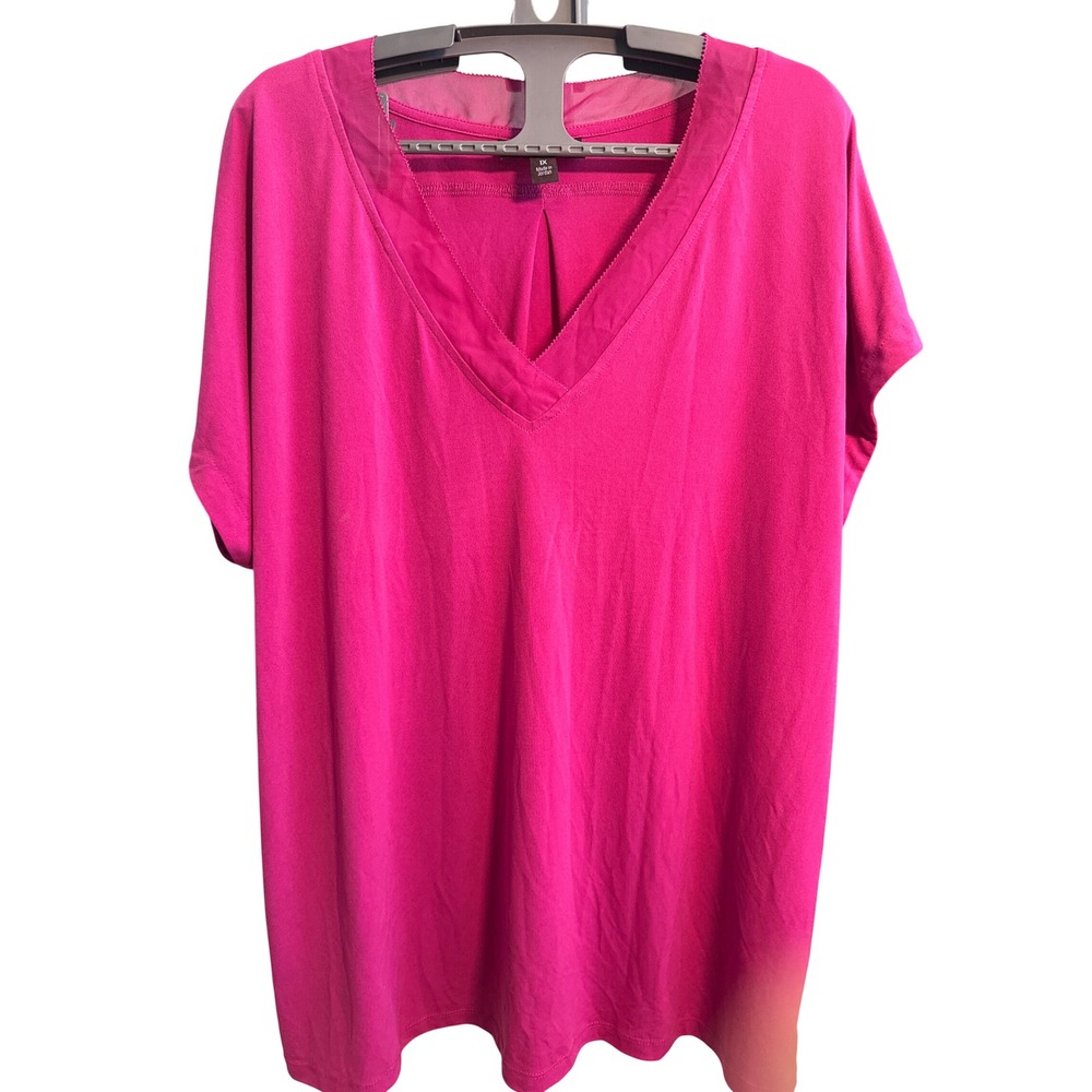 Dana Buchman Woman Fuchsia Pink V-Neck Sheer Trim Short Sleeve Blouse Top 1X